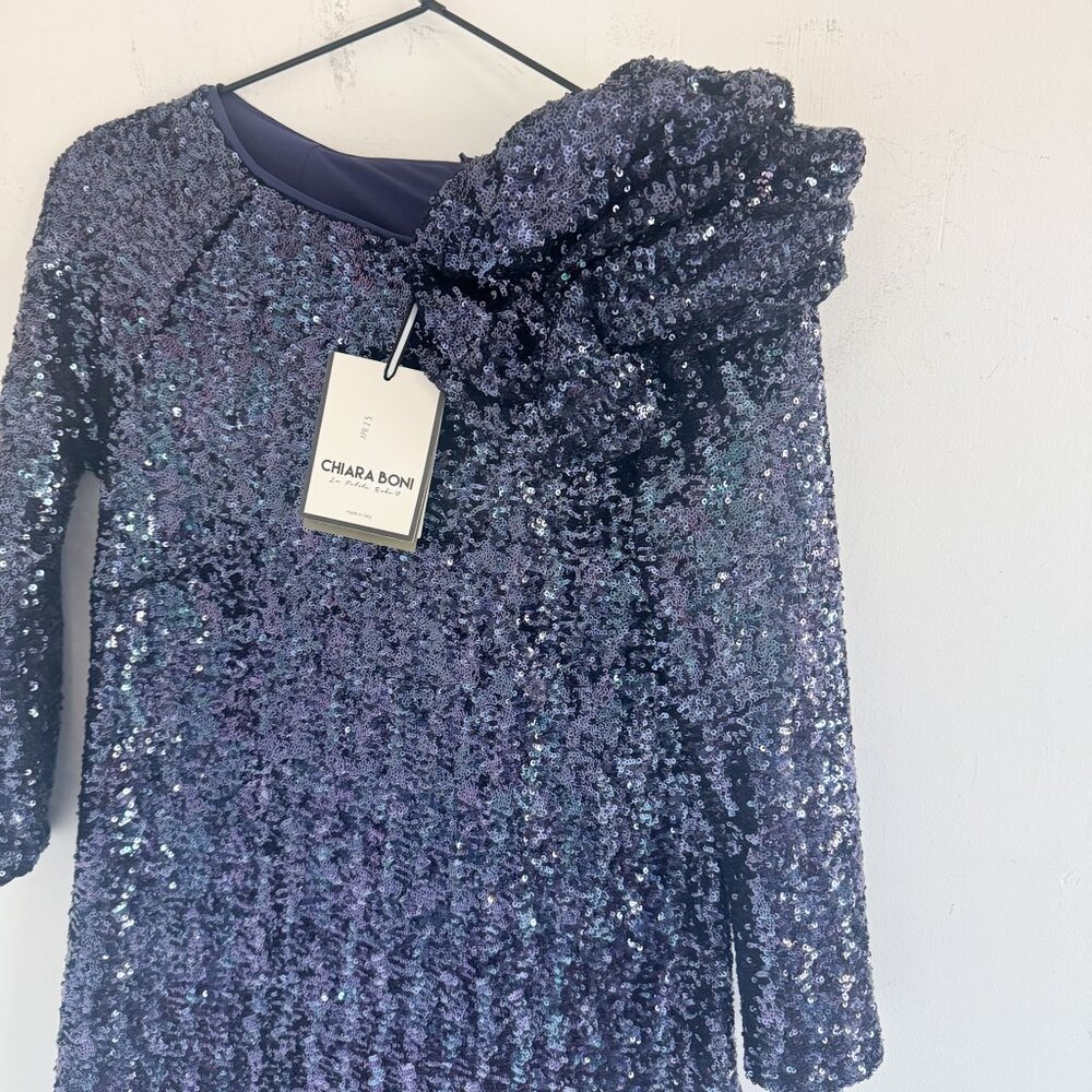 NWT Chiara Boni Navy Blue Bateau Neck Sequin Mini Dress 10 - Picture 3 of 7